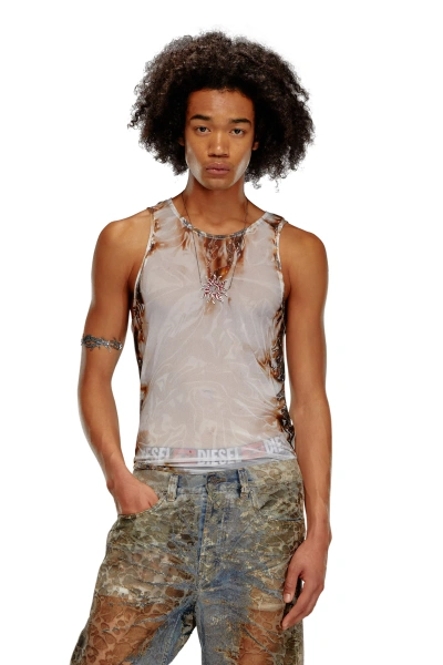 Diesel Tank Top In Tulle Con Stampa Fiamme In Grigio