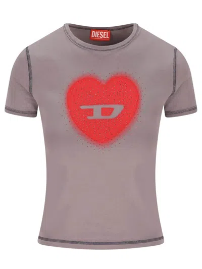 Diesel Slim T-shirt With Heart Print And Studs In Gray