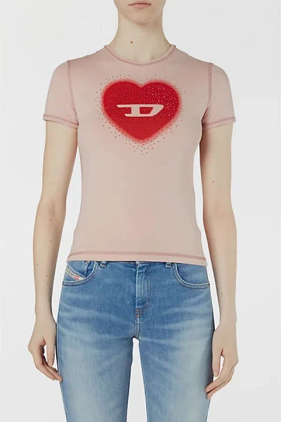 Diesel Women Pink Crew Neck T-shirt With Front Print And Beaded Details In Cotton Woman In Gold