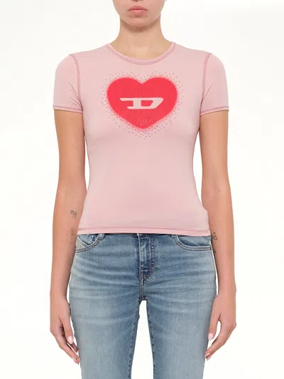 Diesel Women Pink Crew Neck T-shirt With Front Print And Beaded Details In Cotton Woman In Gold