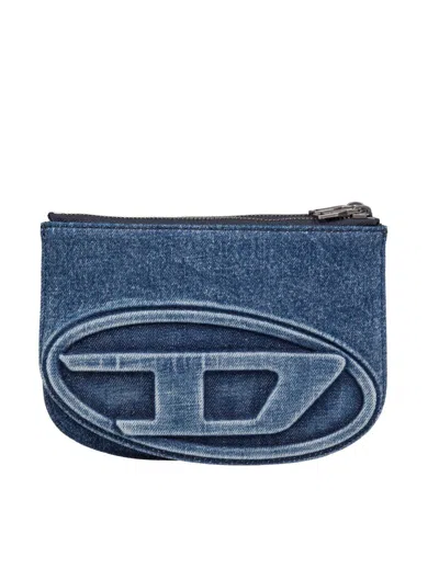 Diesel Twin Denim Shoulder Bag With Embossed Logo In Blue