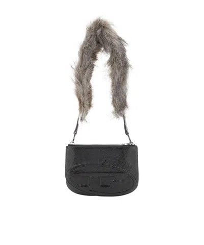 Diesel Twin-double-pouch Embossed-leather Shoulder Bag In Black