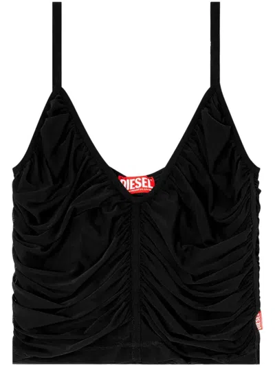 Diesel V-neck Cropped Top With Textured Finish In Black