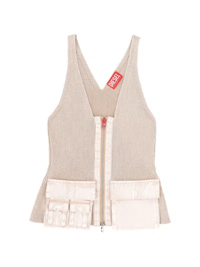 Diesel V-neck Pocket Cotton Top In Pink