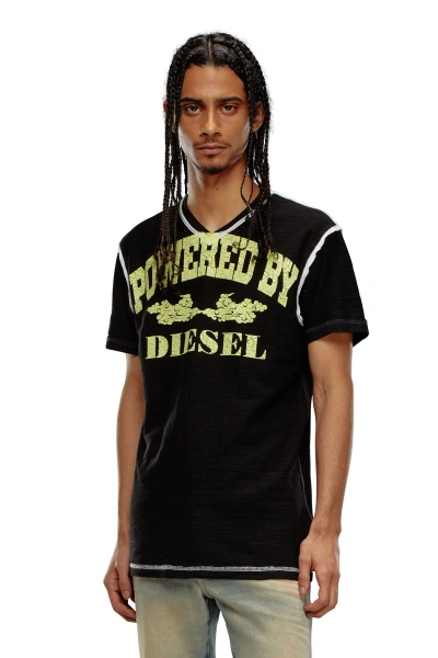 Diesel V-neck T-shirt In Inside-out Slub Jersey In Black