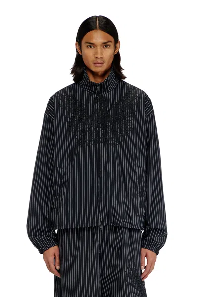 Diesel Nylon Pinstripe Jacket With Phoenix Embroidery In Black