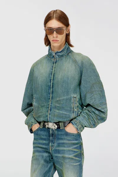 Diesel Padded Jacket In Dirty-effect Creased Denim In Blue