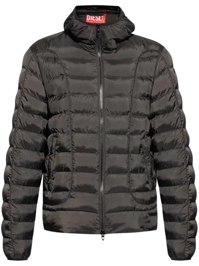 Diesel W-stone Hooded Techno Fabric Down Jacket In Black