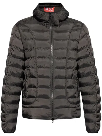 Diesel D Logo Patch Quilted Hooded Jacket In Black