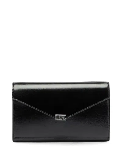 Diesel Wallet Purse In Shiny Wrinkled Leather In Black