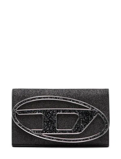 Diesel Wallet On Chain In Tessuto Glitter In Black