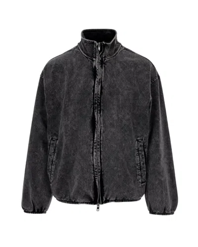 Diesel Washed Charcoal Cotton Denim Bomber Jacket In Black