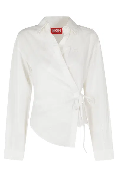 Diesel White C Delphos S3 Wrap Tie Embroidered Logo Modal Blouse