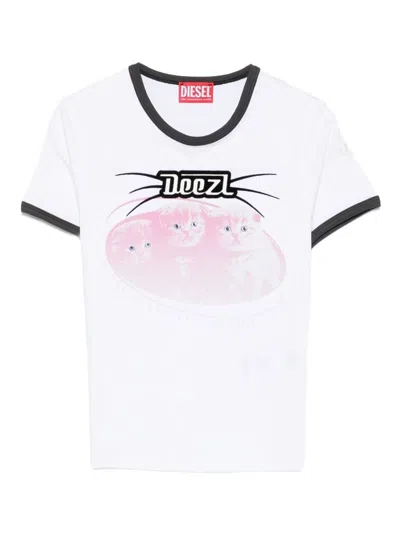 Diesel White Cotton T-shirt With Print And Contrasting Edges
