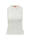 Diesel Sleeveless Ribbed Zip-front Top With Tie Strap In White
