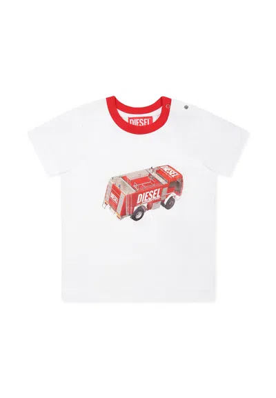 DIESEL WHITE T-SHIRT FOR BABY BOY WITH FIRE TRUCK PRINT