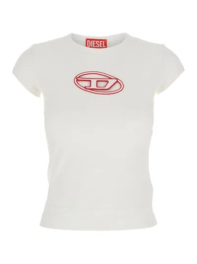 Diesel White T-shirt With Round Neck And Logo Plaque On The Front In Multi