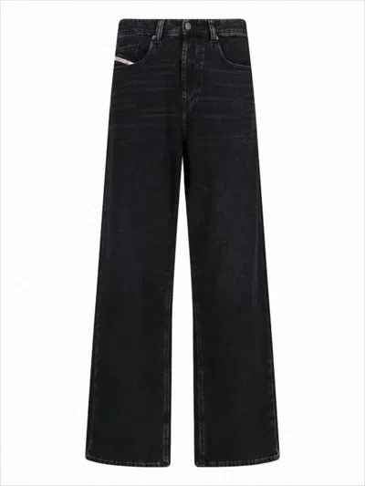 Diesel Wide-leg Black Denim Pants With Classic Five-pocket Styling