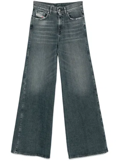 Diesel Wide-leg Jeans With Classic Five-pocket Styling And Logo Patch In Blue