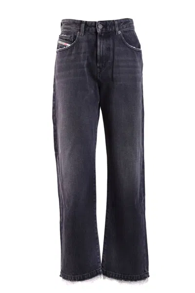Diesel Wide-leg Jeans With Frayed Hem And Signature Branding