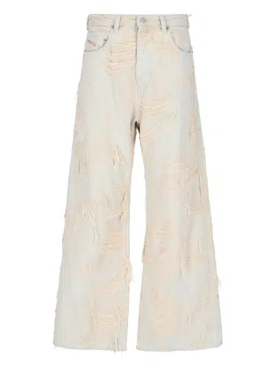 Diesel Wide-leg Low-rise Jeans With Frayed Layered Design In Neutral