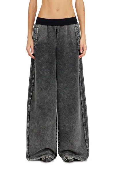 Diesel Wide Pants In Washed Cotton With Side Bands In Gray