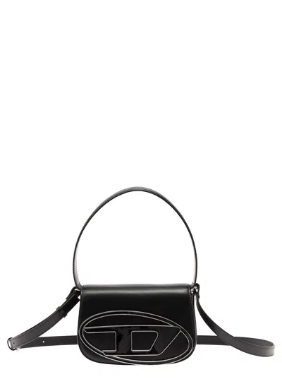 DIESEL DIESEL WOMEN '1DR' BLACK SHOULDER BAG WITH OVAL D PATCH IN LEATHER WOMAN