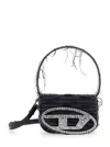 Diesel Women '1dr' Black Shoulder Bag With Oval D Plaque With Rhinestones And Fringed Edges In Cotto In Black