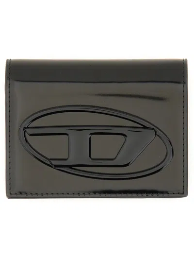 Diesel Bi-fold Card Holder In Mirrored Leather In Black