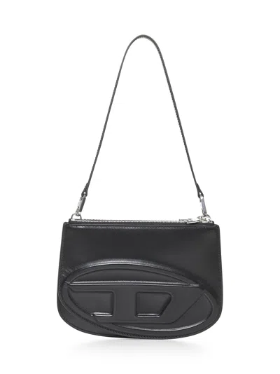 Diesel Twin-double-pouch Embossed-leather Shoulder Bag In Black