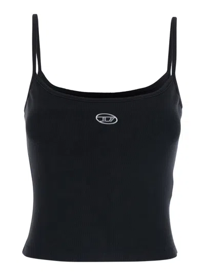 Diesel Women Black Top With Thin Straps And D-logo Plaque On The Front In Cotton Woman