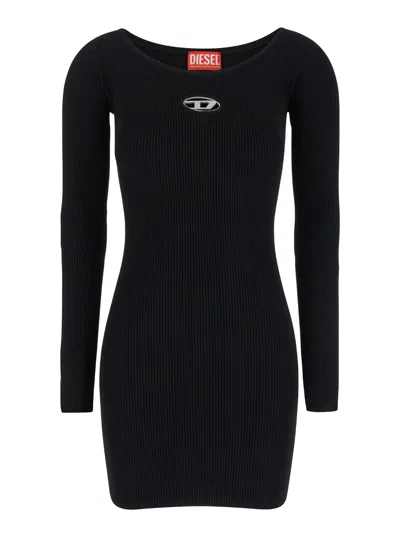 Diesel Women Black U Neck Dress With D-logo In Ribbed Fabric Woman