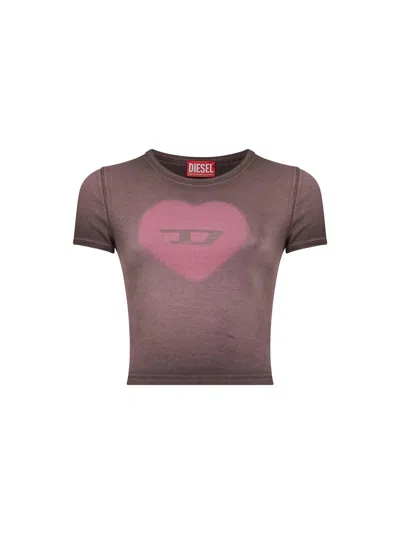 Diesel Women Brown Ribbed Stretch Cotton T-ele T-shirt In Multi