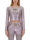 Diesel Stretch Denim Cropped Top With Metallic Finish In Pink