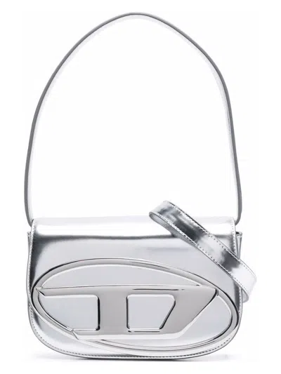 Diesel Geometric Flap Shoulder Bag With Metallic Finish In Silver