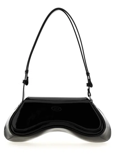 Diesel Curved Black Play Clutch With Glossy Finish And Magnetic Closure