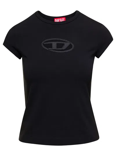 DIESEL DIESEL WOMEN 'T-ANGIE' BLACK CREWNECK T-SHIRT WITH OVAL D LOGO EMBROIDERY ON THE FRONT IN COTTON STR