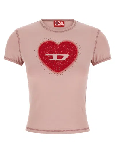 Diesel Women Pink Crew Neck T-shirt With Front Print And Beaded Details In Cotton Woman In Gold