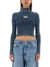 Diesel Cropped Slim-fit Top With Ribbed Texture In Blue