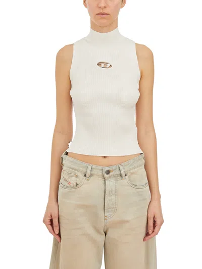 DIESEL WOMEN'S WHITE KNIT TANK TOP WITH METALLIC ACCENTS, SLIM FIT, SS24 COLLECTION