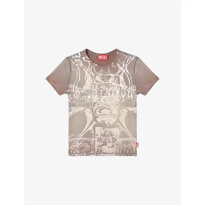 Diesel Womens 7ff T-uncuties-long-r6 Abstract-print Stretch-cotton Jersey T-shirt In Brown
