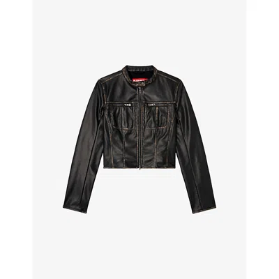 Diesel Womens G-lobe Distressed Faux-leather Cropped Jacket 900