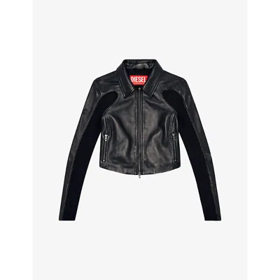 DIESEL WOMENS DIESEL L-TOTEM-P1 KNIT-INSERTS CROPPED LEATHER JACKET