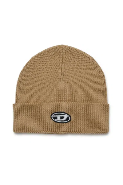 Diesel Wool-blend Beanie With Patch Oval D In Sand