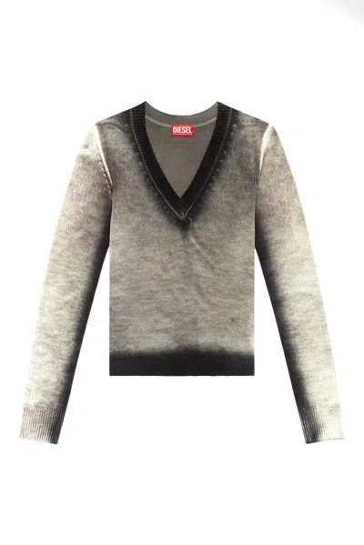 DIESEL WOOL V-NECK SWEATER WITH TEXTURED FINISH AND CONTRAST DETAILING
