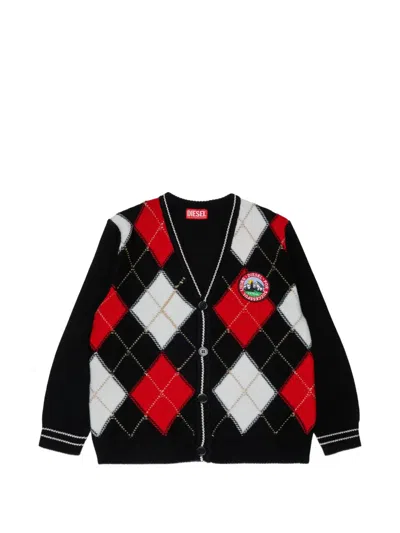 Diesel Kids' Wool-blend Cardigan With Argyle Motif In Black