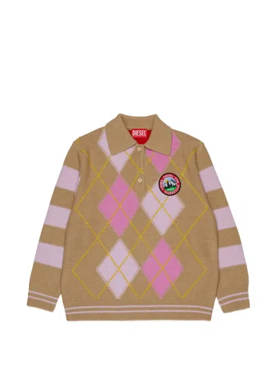 Diesel Kids' Wool-blend Polo Jumper With Argyle Motif In Brown
