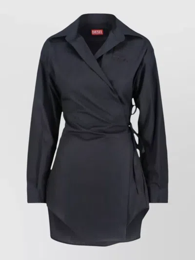 Diesel Asymmetric Wrap Blue Midi Shirt Dress With Tone-on-tone Embroidery