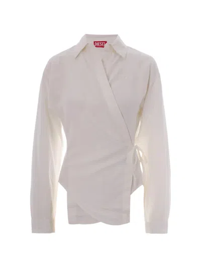 Diesel White C Delphos S3 Wrap Tie Embroidered Logo Modal Blouse