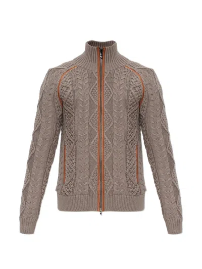 Diesel Zip Cardigan In Cable Knit In Brown
